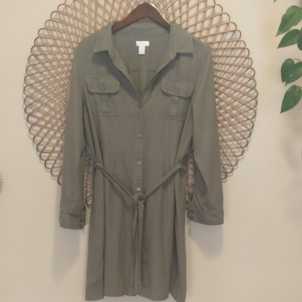 Chicos Army Green Shirt Dress Long Sleeve Size 2